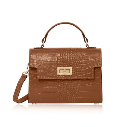 This Sussex Croc Bag is a leather top handle box bag in dark tan , genuine italian leather, with a detachable crossbody strap to match